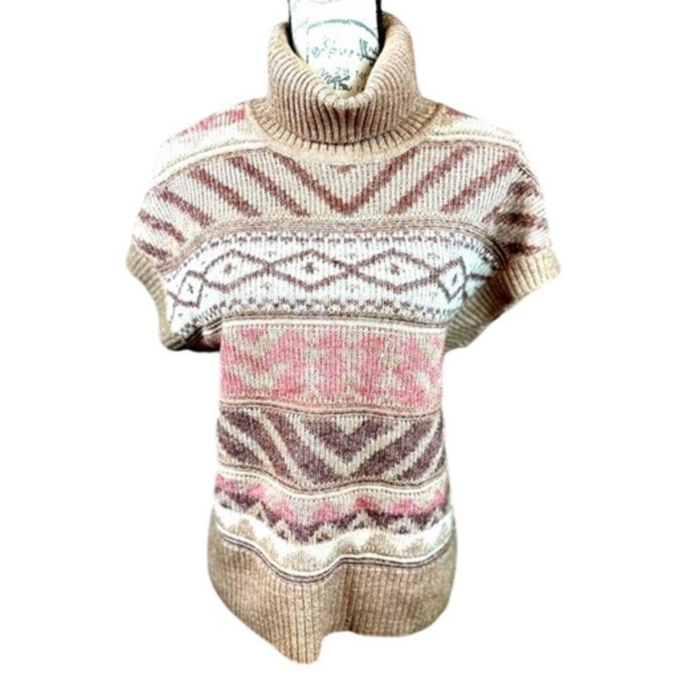 Design History Sweater L Brown White Cap Sleeve Turtle Boho SW Comfort